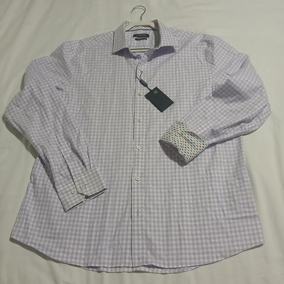 NWT Bugatchi XL men's Shaped Fit lavender check 100% cotton flip cuff long-slv - Picture 3 of 16